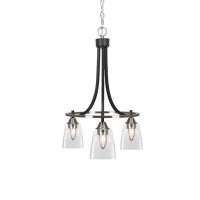 Lustre 3 lumières Fiorello Paramount présenté en noir mat et finition nickel brossé avec verre carré transparent de 4,5 po