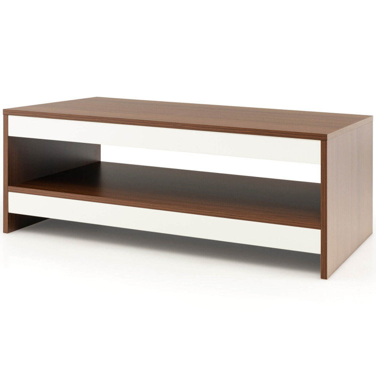 Modern Walnut and White Rectangular Coffee Table with Storage Shelf