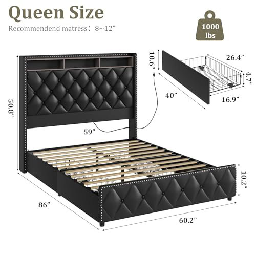 Structure de lit avec tête de lit haute de 50,8 po, structure de lit tapissier en velours plateforme avec 4 tiroirs de rangement, station de charge USB