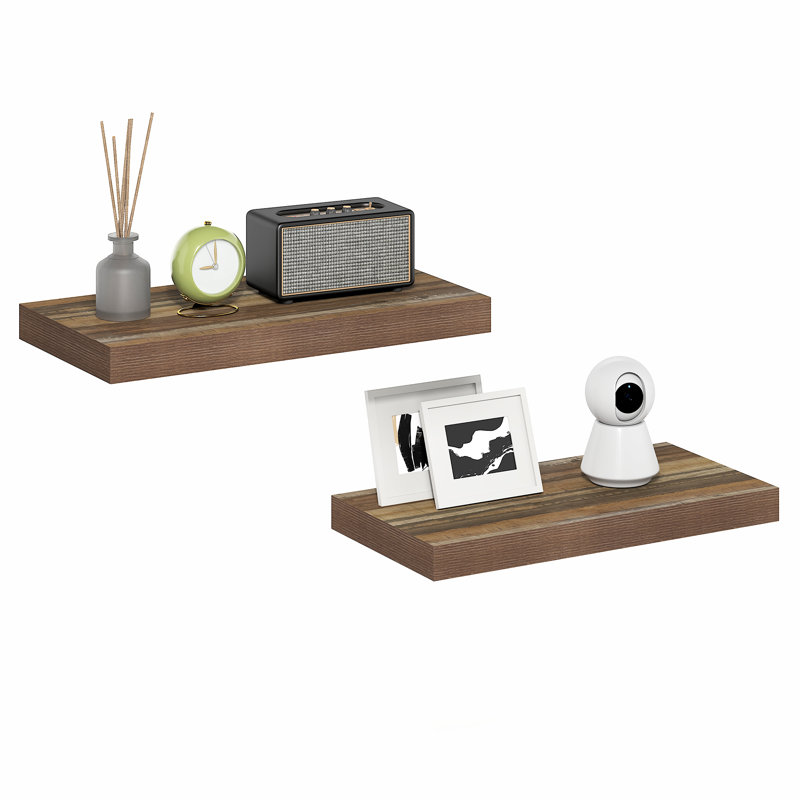 Furinno TANNA Floating Shelves for Wall Set of 2, 12 x 24 Wall Shelf, Wall Mounted Floating Shelf with Invisible Bracket, 2-in Thick Shelf, for Bathroom, Living Room, Bedroom, Home Office, Retro Brown