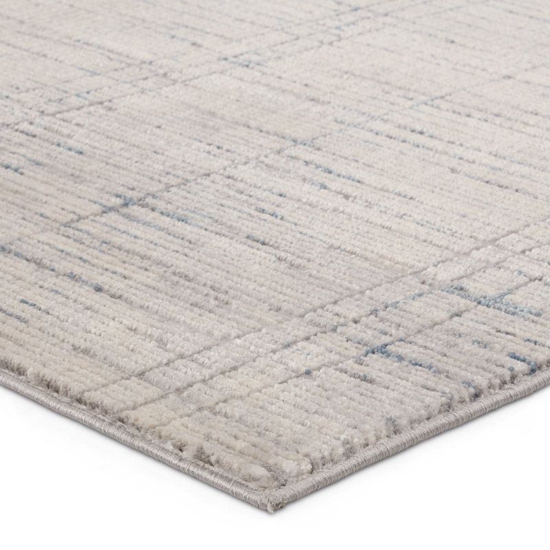 Tapis en polypropylène / polyester abstrait tissé à la machine en crème / bleu, Rectangle 6 pi 7 po x 9 pi 6 po