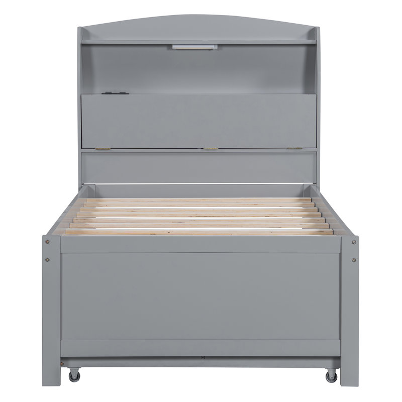 Lit plateforme simple en bois avec lit à DEL, lit gigogne et tête de lit avec tiroirs, gris, Gris, Lit simple