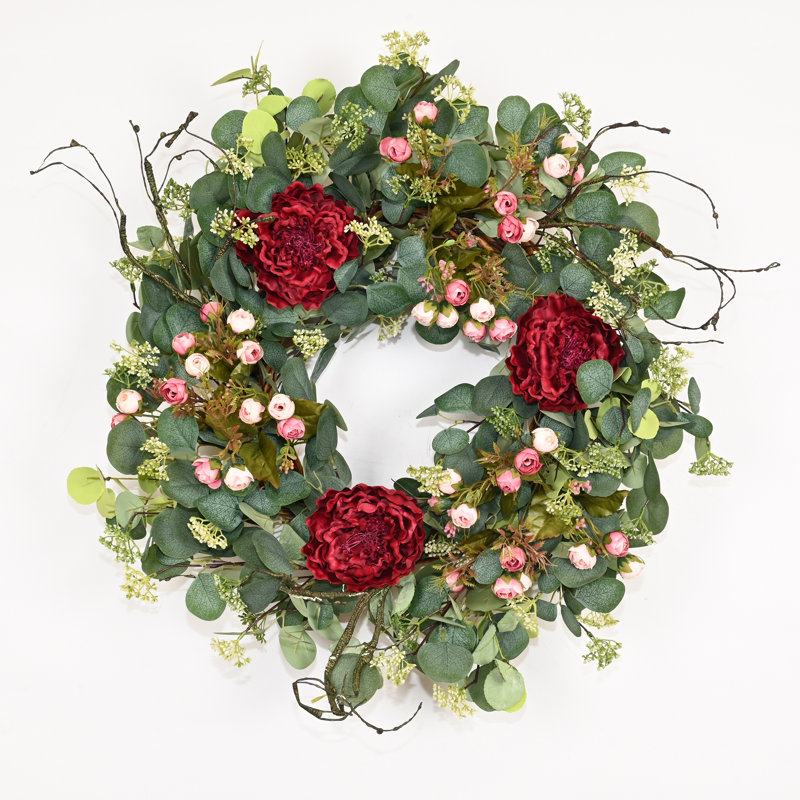 26"  Spring Summer Eucalyptus Berry Floral Wreath, Red