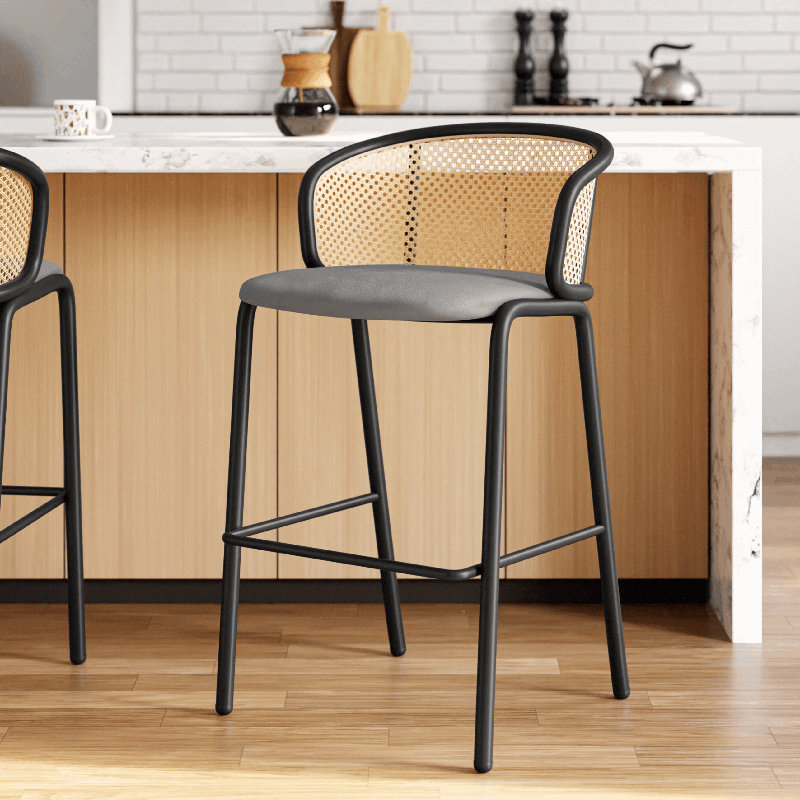 Tabouret de bar moderne en osier Daishun avec assise en tissu et structure en acier thermolaqué, gris
