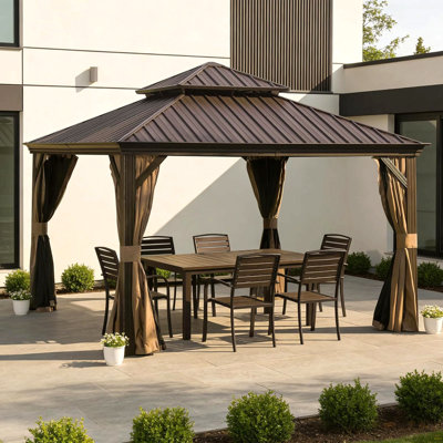 Pavillon de jardin extérieur 13 po x 13 pi, pavillon de jardin à toit rigide avec double toit en acier galvanisé, pavillons de jardin en métal avec système de drainage pour terrasse de patio, rideau et filet, brun