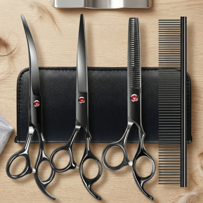 Professional 5-In-1 Dog Grooming Scissors Kit, Black, 6CR Premium Stainless Steel Shears For Dogs & Cats, Complete Grooming Set