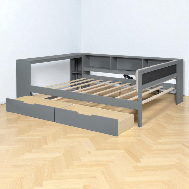 Full Size Daybed With Desk, Charging Station And Storage, Gray