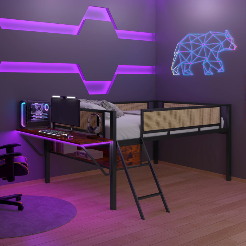 Lit mezzanine simple en métal avec bureau rectangulaire, lumières DEL, cadre de lit mezzanine à DEL Lit double avec tablettes de rangement et compartiments de rangement suspendus, barrière de sécurité et échelle, aucun sommier requis, cadre de lit