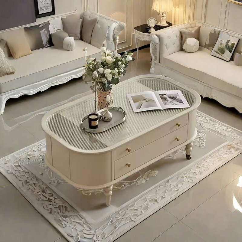 Cream white roller coffee table, 18.89" H x 43.3" L x 25.98" W
