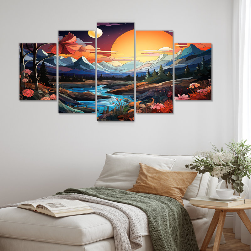 «Yellow Enchanted Meadows Fantasy II», paysages abstraits, art mural multi-panneaux