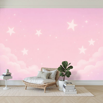 Peel and Stick Wallpaper 96" W x 69" H Modern Self Adhesive Wall Mural for Bedroom Dreamy Pastel Pink Starry White Stars Small Dots