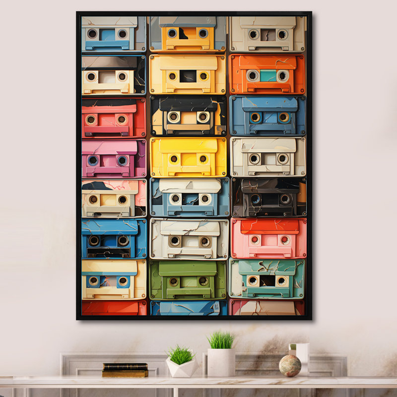 Art mural rétro sur toile, Pop Art Cassette, Popart Cassette Tapes X, H 32 po x l 16 po x P 1 po, Cadre flottant noir