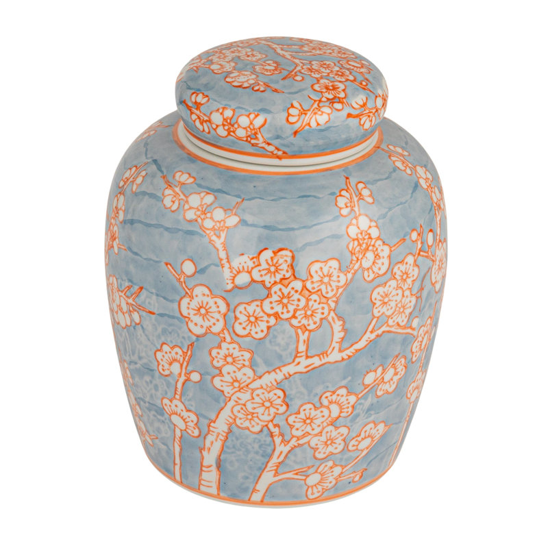 Pot décoratif décoratif en céramique avec couvercle, 4.2" H x 12" W x 9.25" D, Blue