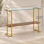 Table d'appoint moderne du milieu du siècle avec plateau en verre transparent, étagère en noyer et cadre doré pour entrée, hall et salon