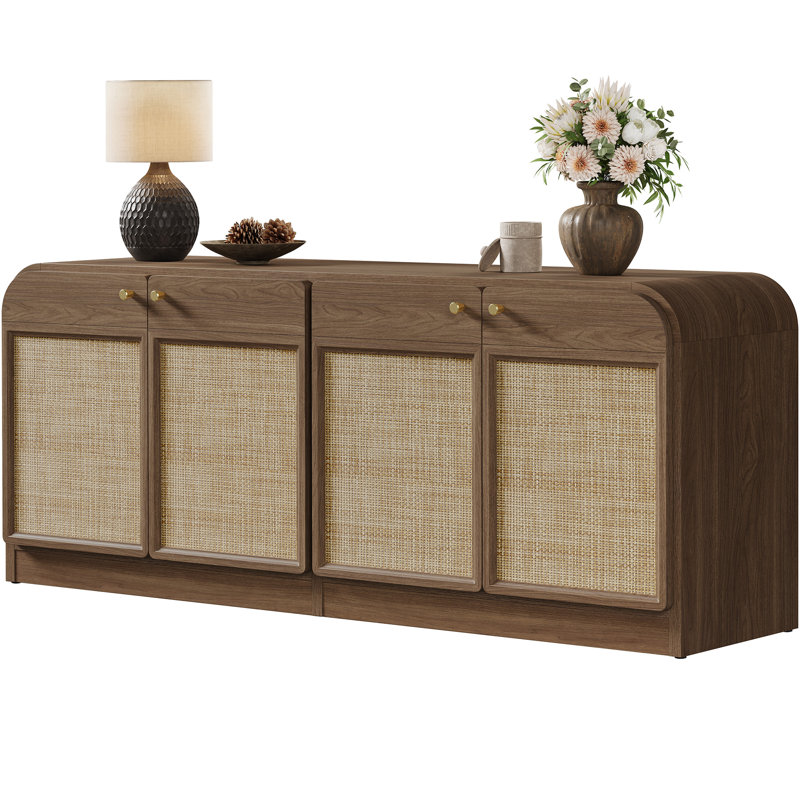 Boho TV Stand for TVs Up To 65" with 4 Rattan Storage Cabinets, Greige Oak, 1