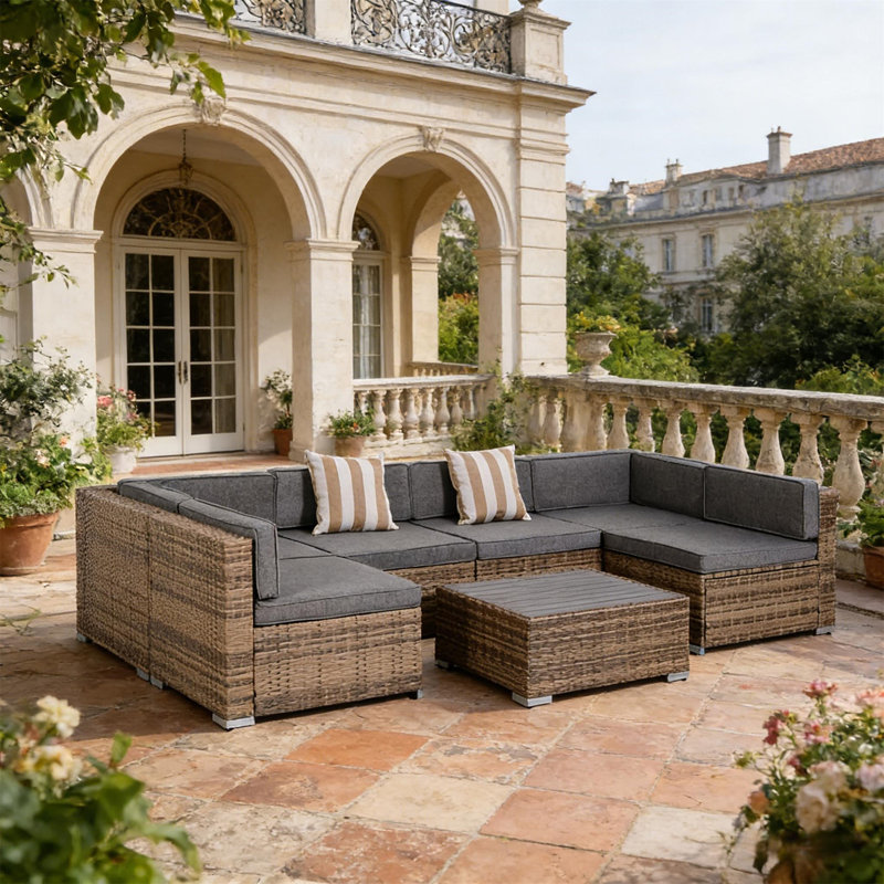 Ensemble de meubles de jardin en rotin, Coussin gris / structure taupe