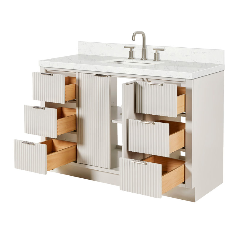 Meuble-lavabo simple en bois massif de 54 po avec plateau en quartz blanc chaud de 1,5 po Haun de Haun, Rectangulaire, 54"