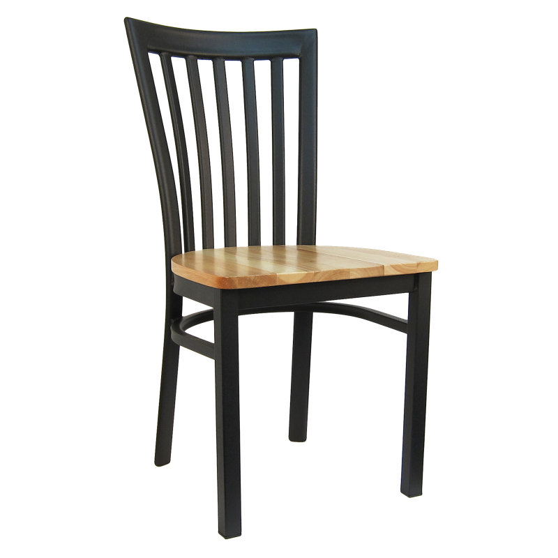 Chaise d'appoint à dossier en lattes de métal noir, Siège en bois naturel