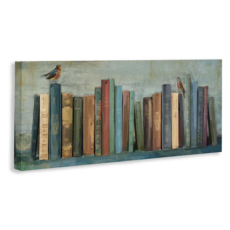 «Livres et oiseaux vert bleu texturé» par Main Line Studio - reproduction d'art, H 17 po x l 40 po