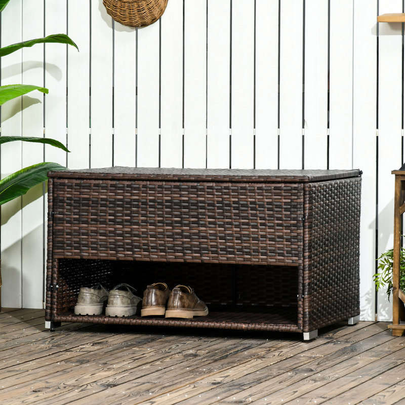 Coffre de terrasse: idéal pour le rangement extérieur. Brun, cadre en acier galvanisé, piscine H 21,25 po tissée à la main. Spacieux, doublure incluse