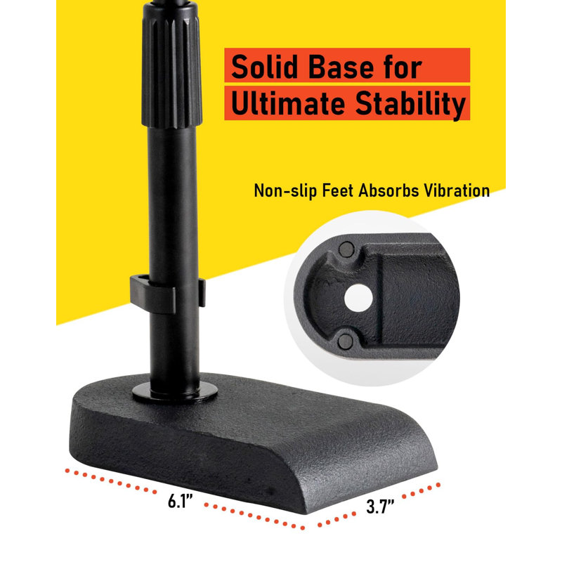 Adjustable Low-Profile Microphone Stand - Snare/Tom Bottom/Bass (Kick) Drum/Table Top, Adjustable Height, 15.75“ Telescoping Boom Arm, Clip-On Cable Holder