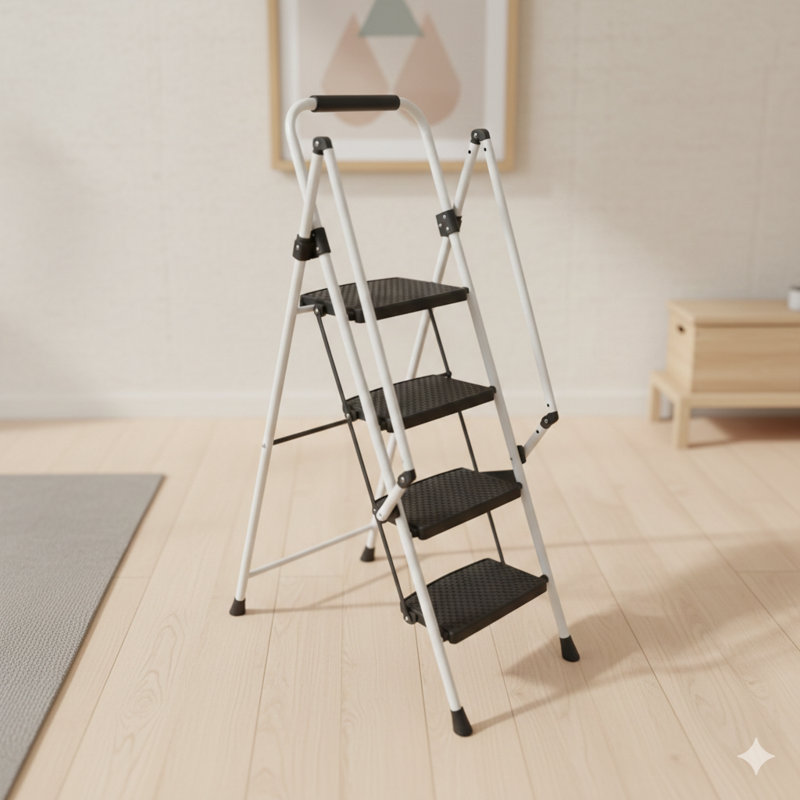 Tabouret pliant blanc à quatre marches fabriqué à partir de matériaux légers, avec de larges pédales antidérapantes et une poignée de sécurité, une construction en acier robuste, une échelle polyvalente convenant à un usage domestique, aux tâches de cuisine et à l'accès à l'ascenseur de bureau.