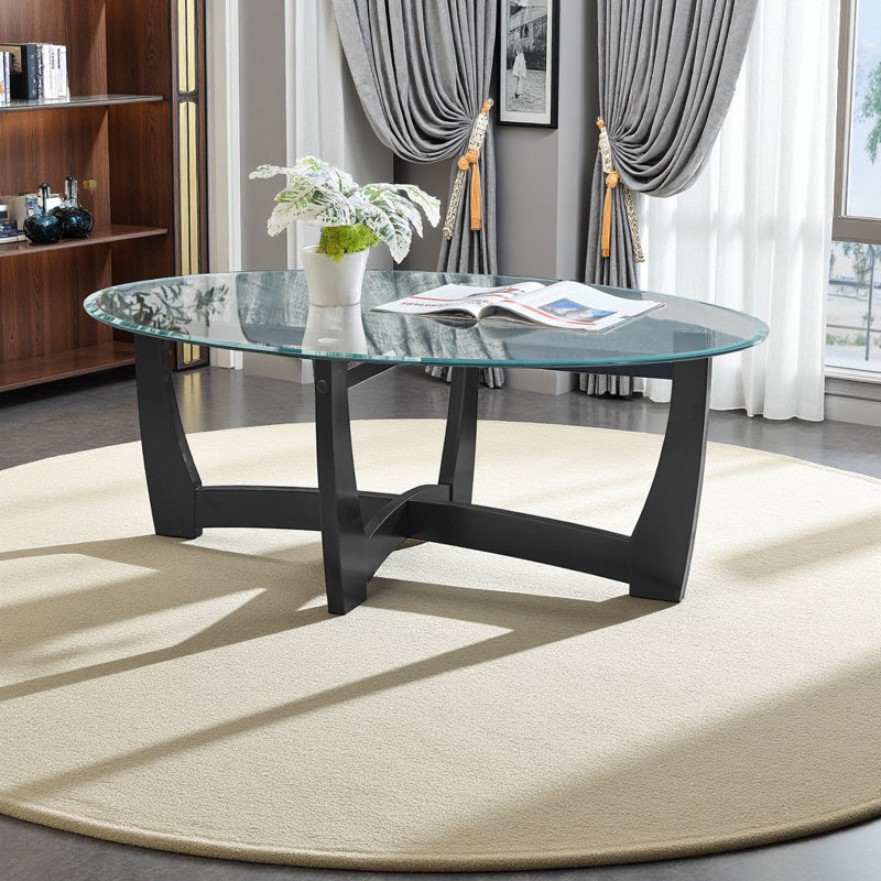 48 Inch Black Oval Glass Coffee Table with Solid Wood Frame - Elegant Center Table for Living Room, Office, Apartment, Black