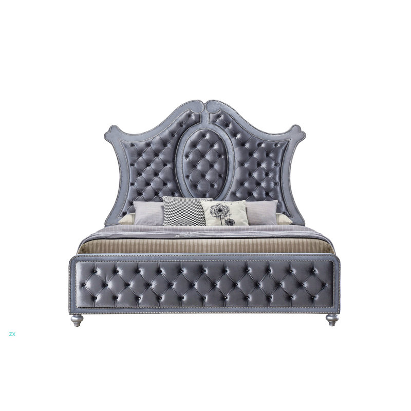 Lit de grand lit 1pc avec tête de lit capitonnée, revêtement luxueux et garniture cloutée complexe à motif de losanges touffeté de luxe moderne