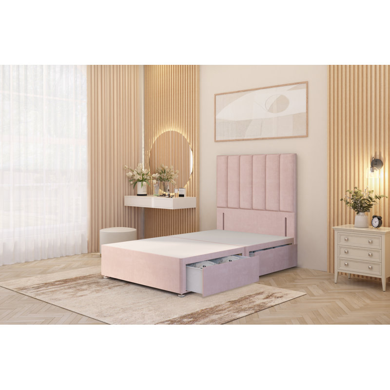Asterin Divan Bed Base with 54" Floor Standing Headboard Plush Velvet, Single (3'), Pink, 2 Drawers