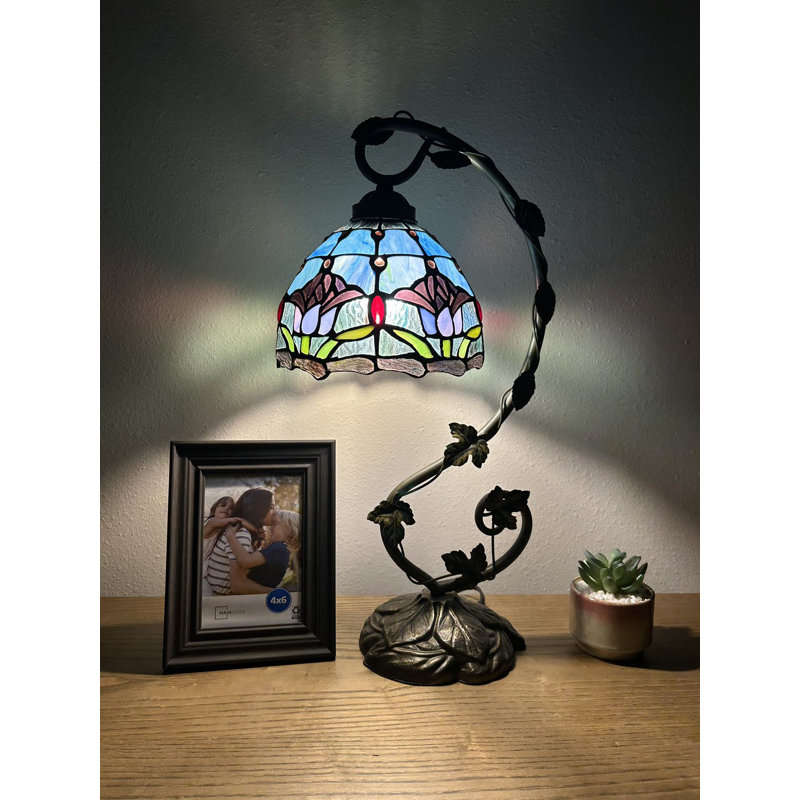 Hanif Tiffany Table Lamp Tulips Blue Purple Stained Glass Iron Metal Leaves 11"W*8"D*21"H