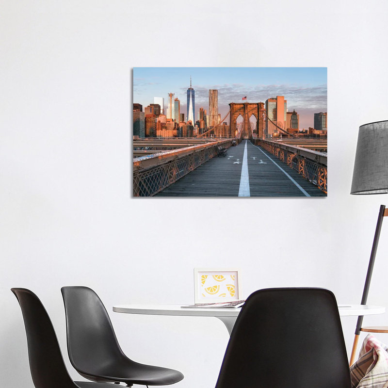 Brooklyn Bridge And Lower Manhattan Skyline At Sunrise, New York City, USA by Jan Becke - Wrapped Canvas Print