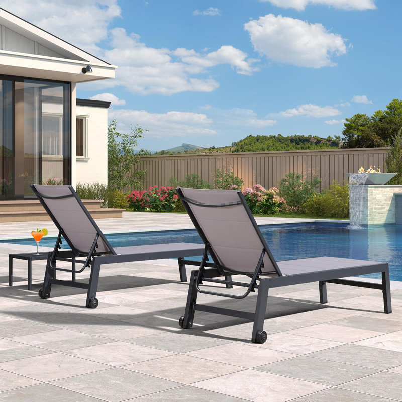 PURPLE LEAF Ensemble de 2 chaises longues d'extérieur en aluminium avec roulettes et table d'appoint pour piscine, Gris clair