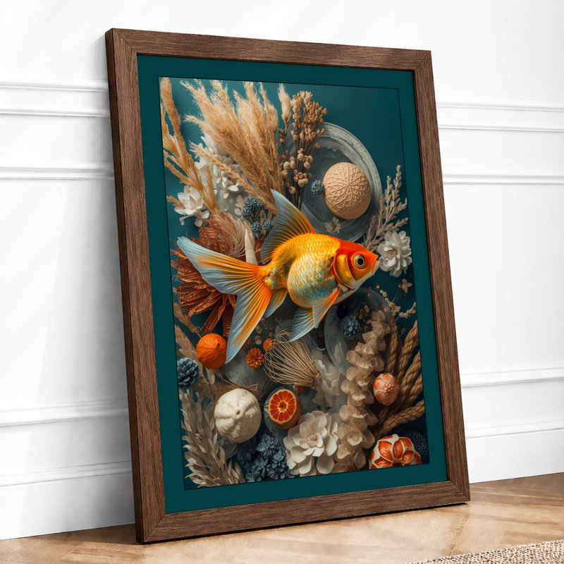 Goldfish Among Stones Eclectic - Framed Print, A3 - 42.0 x 29.7 cm, Walnut