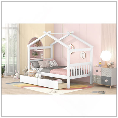 Wooden House Bed With Drawers