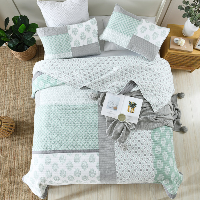 Ensembles de courtepointe 100% coton 98 po x 90 po DDUOXIN - 1 courtepointe avec 2 taies décoratives, Vert / Gris