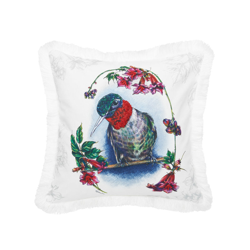 Botanical Hummingbird Embellished Cotton Canvas Throw Pillow