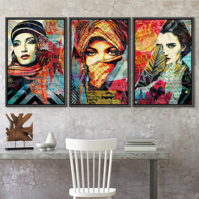 Peinture en aérosol, femmes du Moyen-Orient, graffiti et art urbain, art moderne coloré, portrait urbain, 3 pièces