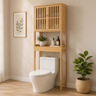 Natural‑Bamboo Over‑the‑Toilet Storage Cabinet With Slatted Ventilated Double Doors, Freestanding Vertical Bathroom Organizer for Restroom