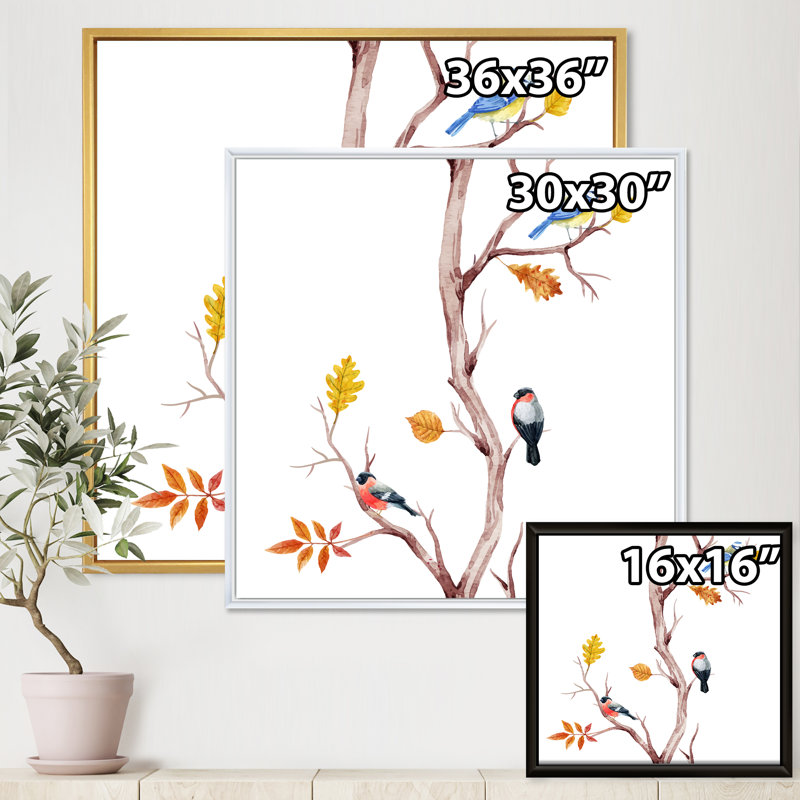 Petits oiseaux sur les branches d'un arbre IV - peinture sur toile, Cadre flottant blanc, H 36 po x l 36 po x 1,5 po