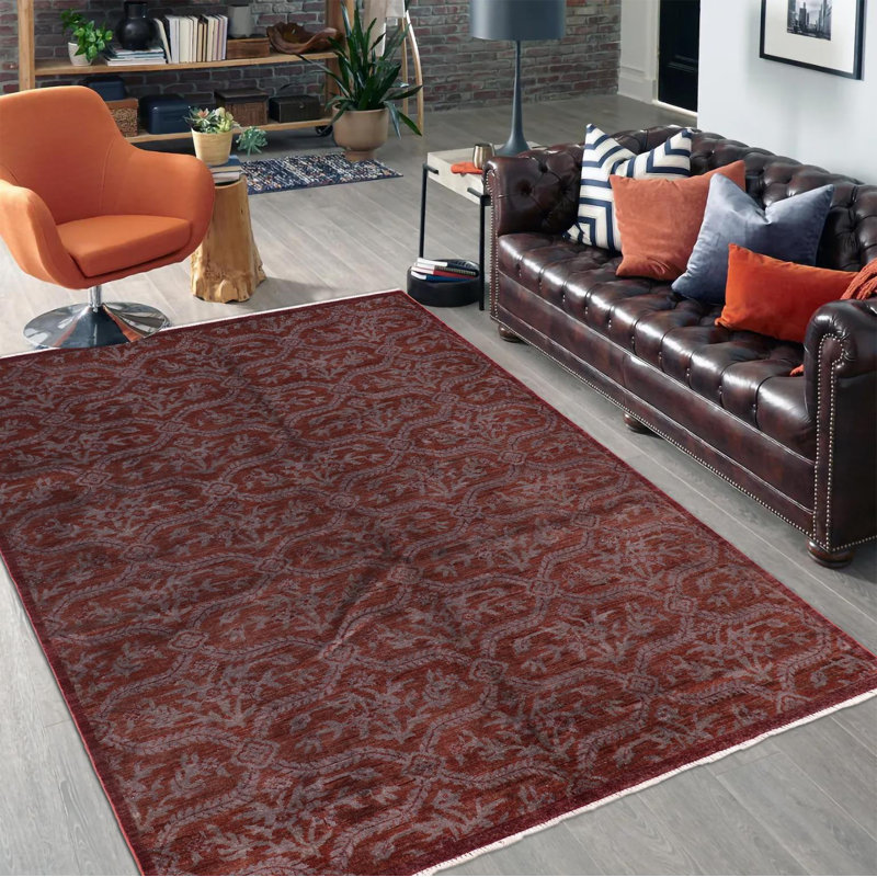 Tapis mauve / brun en laine noué à la main à motif damassé Aberdeen 4 pi 6 po x 6 pi 10 po Aberdeen