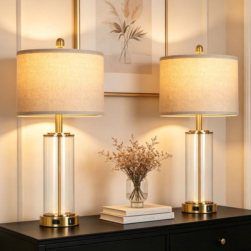 Lampes de chevet modernes en verre 26 po avec deux ports USB, contrôle tactile et ampoules, Or / transparent, Beige