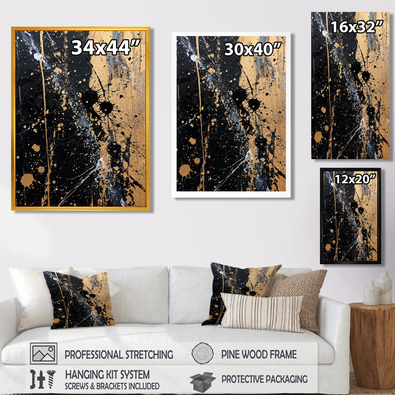 Spatter Explosion Gold Black - reproduction d'art abstraite, H 32 po x l 16 po x P 1 po, Toile avec cadre flottant or