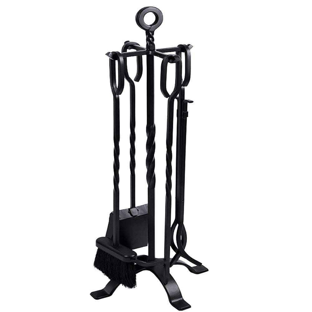 5-Piece Wrought Iron Fireplace Tool Set – Modern Black Fire Place Accessories With Handles