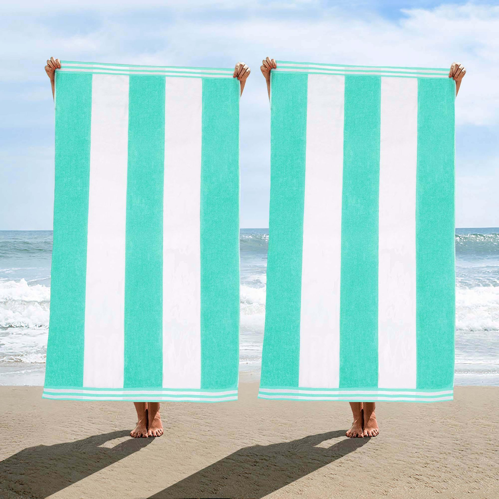 Oversized Cabana Striped Cotton Beach Towels, Mint, 2
