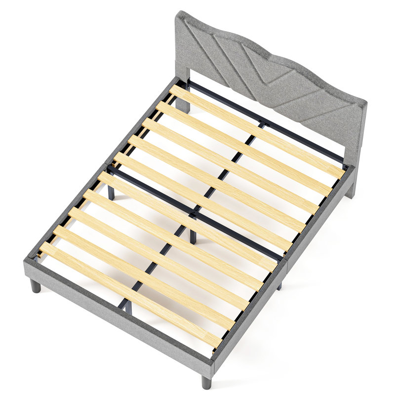 Tête de lit tapissier avec base de lit pleine grandeur avec lattes en bois - couleur grise, aucun sommier tapissier requis et lattes robustes, combinaison de bois et de métal requise pour un sommeil paisible
