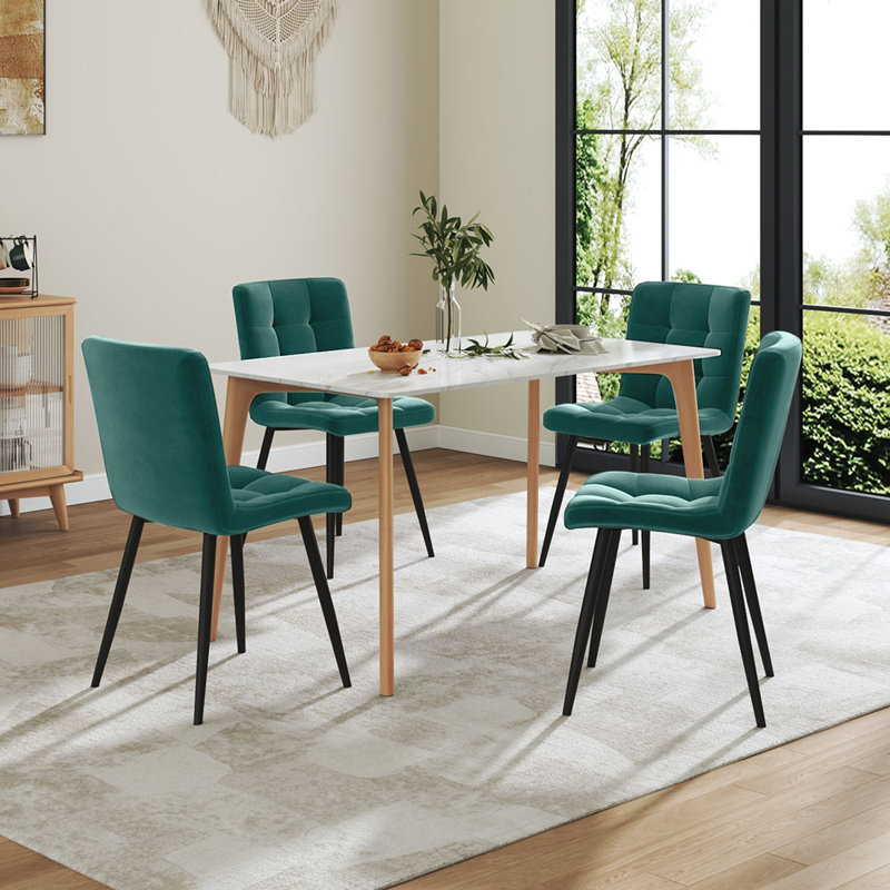Barryton Set of 4 Contemporary Frosted Velvet Dining Chairs with Metal Legs, Dark Green