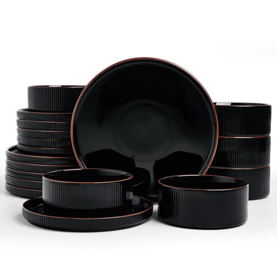 18 Pieces Porcelain Dinnerware Set, Glossy Black