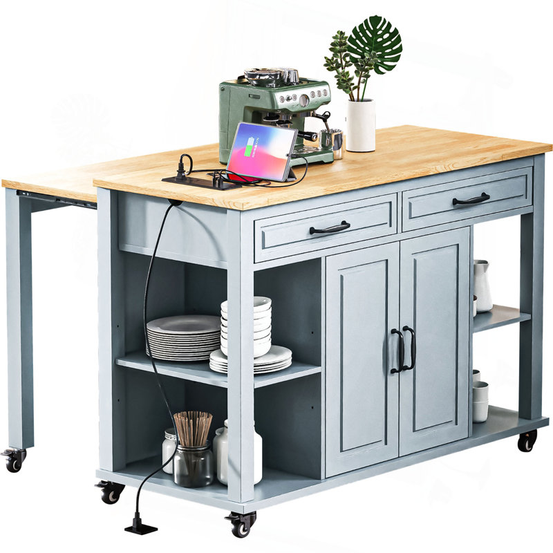 47 Inch Kitchen Island With Extendable Dining Table, Rubber Wood Veneer Kitchen Table With Internal Storage Rack, Power Outlet, Kitchen Island With Storage 2 Drawers 2 Cabinet