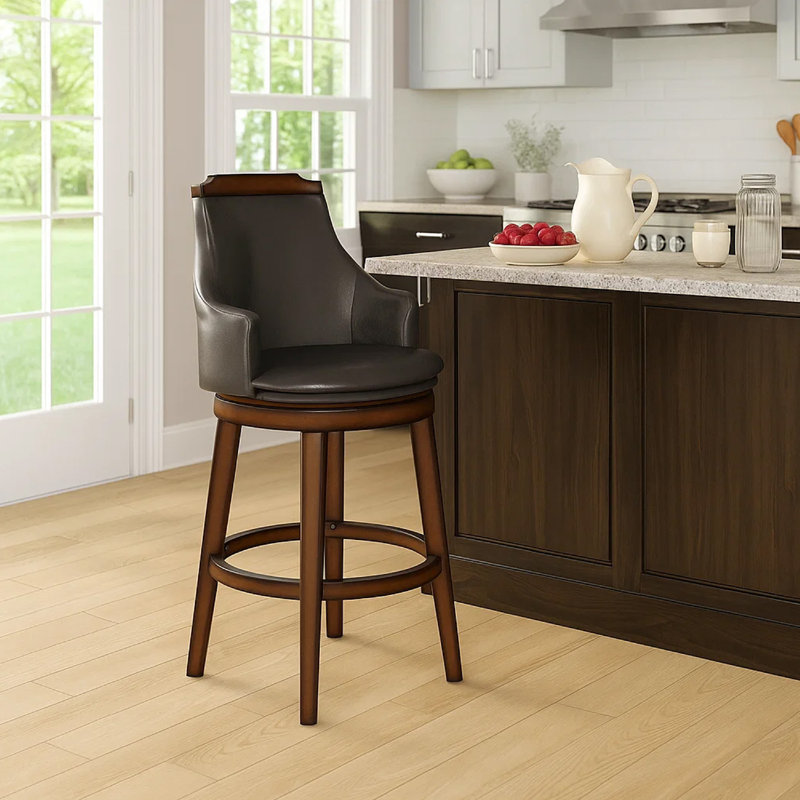Bar Height Chair, Set of 2, Dark Brown Faux Leather, Wood Legs, Extra Tall (44.5” Seat Height)