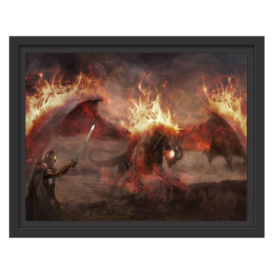 Gerahmtes Wandbild Ritter Drachen Feuer